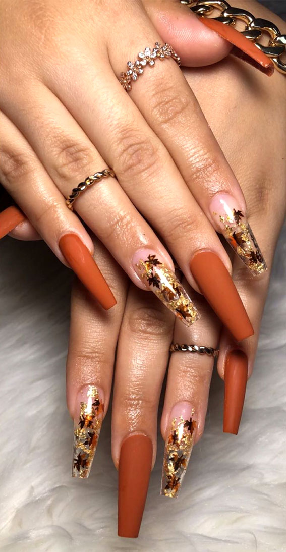 Mismatched Fall Nail Designs In Burnt Orange and Clear Nails