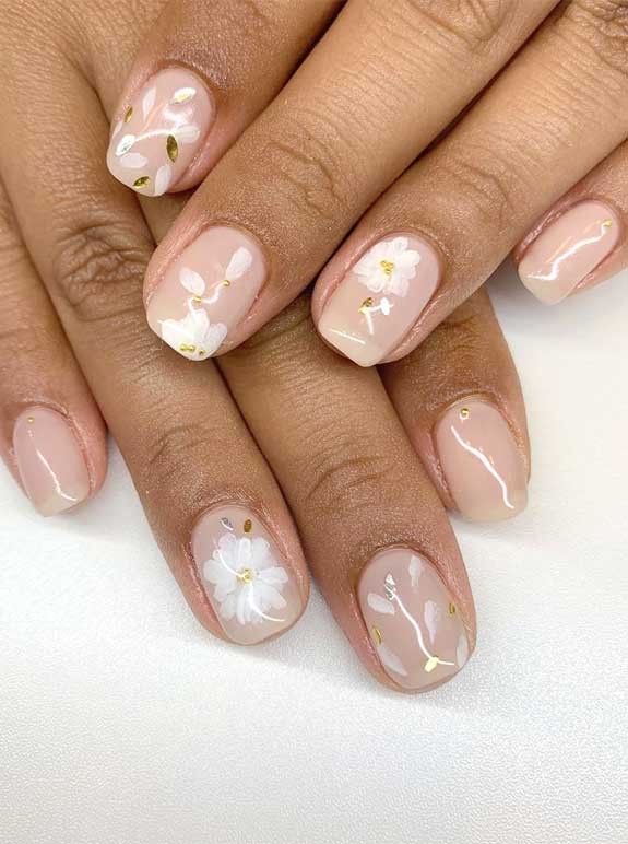 White floral nude nails