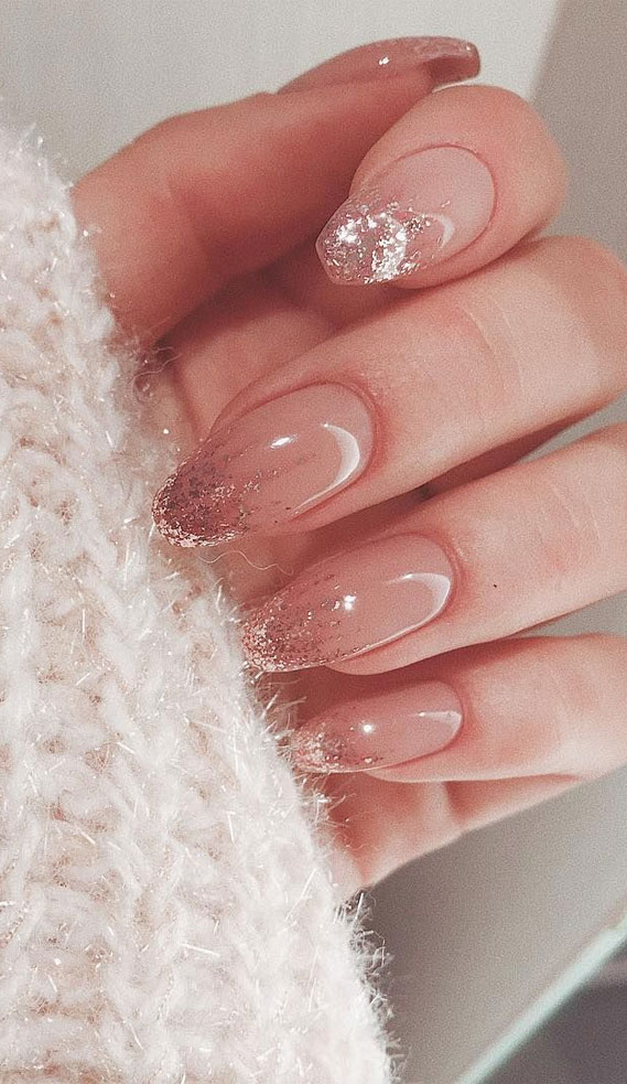 Nude nails with glitter tips