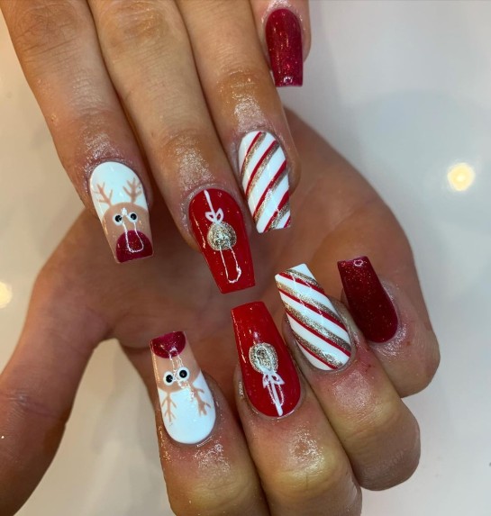 27 Festive Christmas Nail Designs 2021 : Candy Cane, Bauble, Rudolph Red Christmas Nails