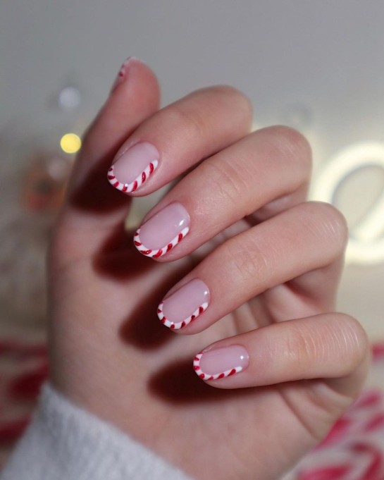 27 Festive Christmas Nail Designs 2021 : Candy Cane French Nail Design
