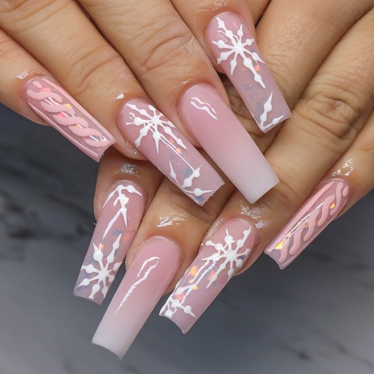 22 Christmas Nail Art and Holiday Nail Designs — Pink Snowflake and Cable Knit Nails