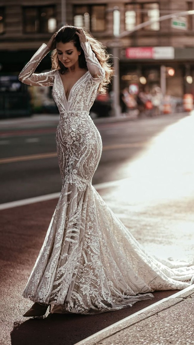 45 Fabulous Wedding Dresses in 2022 — Long Sleeve Mermaid V-Neck Wedding Dress