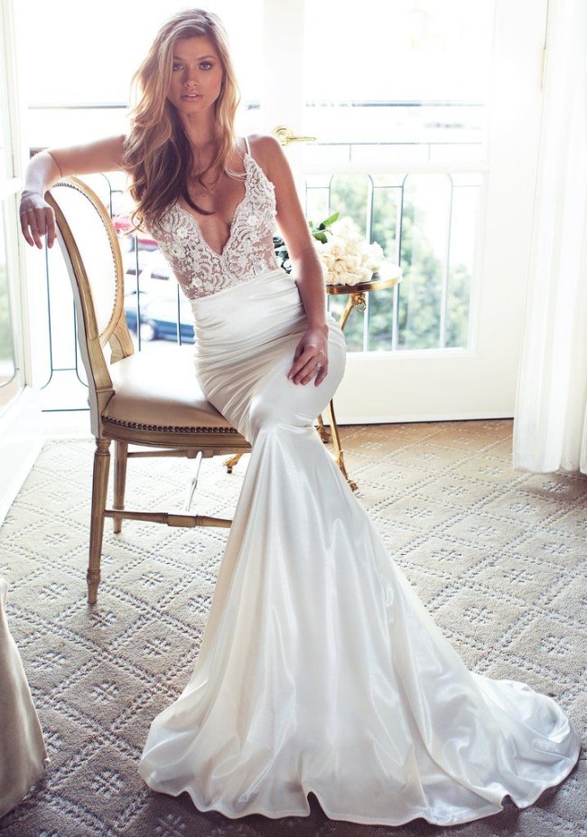 45 Fabulous Wedding Dresses in 2022 — Elegant Lace Top Satin Mermaid Dress