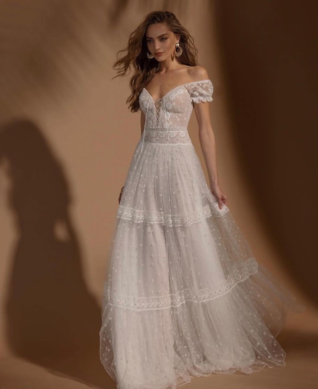45 Fabulous Wedding Dresses in 2022 — Off the shoulder short puff sleeve