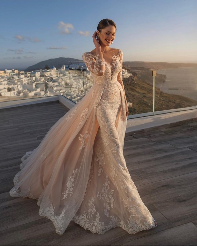 45 Fabulous Wedding Dresses in 2022 — Long Sleeve Dress with Detachable Skirt