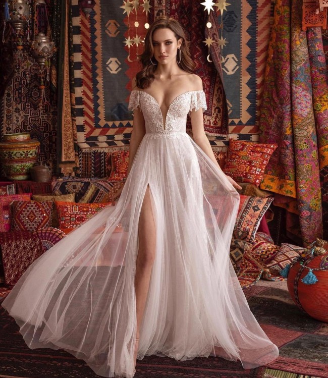 30 Hot Sexy Wedding Dresses 2022 — Off The Shoulder Flowy Skirt Wedding Dress