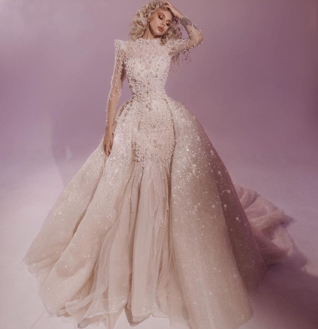 45 Fabulous Wedding Dresses in 2022 — Pearl Embellishment Detachable Skirt 