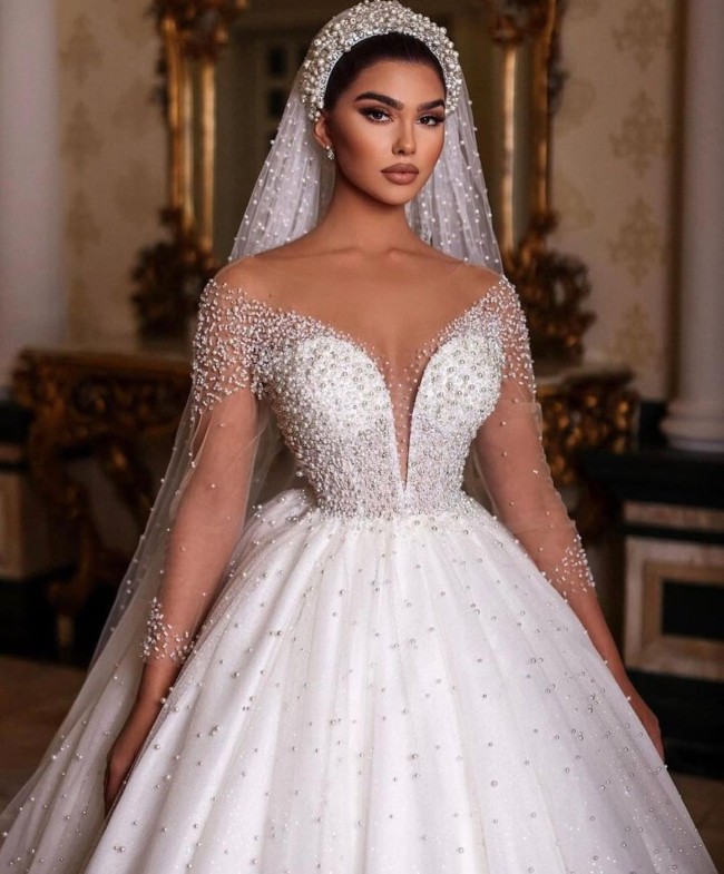 45 Fabulous Wedding Dresses in 2022 — Pearl Embellishment Wedding Dress