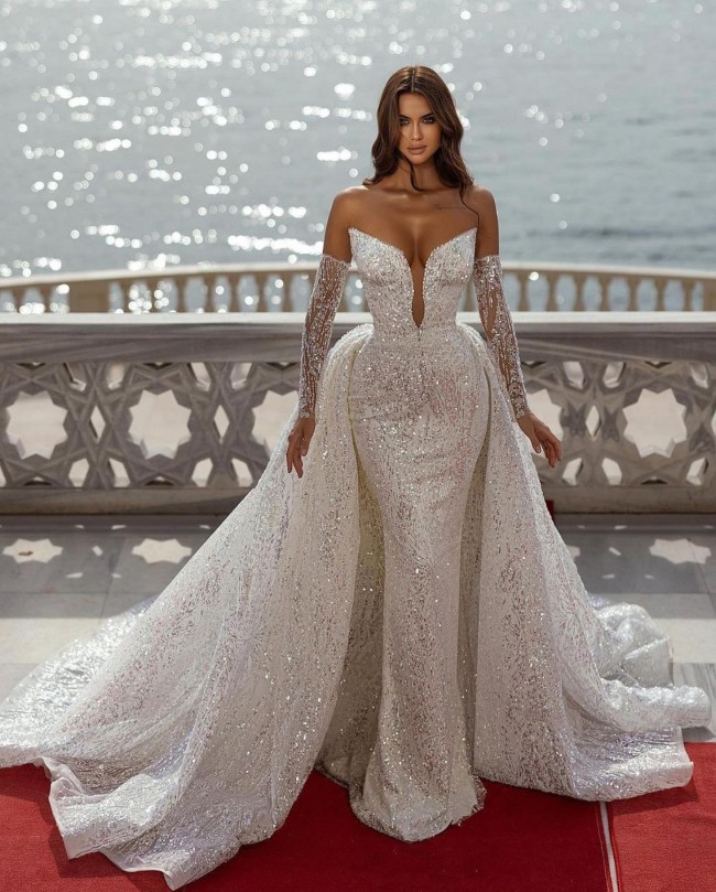 30 Hot Sexy Wedding Dresses 2022 — Sparkle Wedding Dress with Detachable Skirt