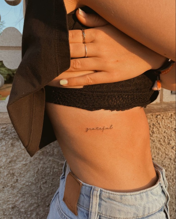 30 Small and Classy Tattoos To Inspire : “Grateful” word tattoo