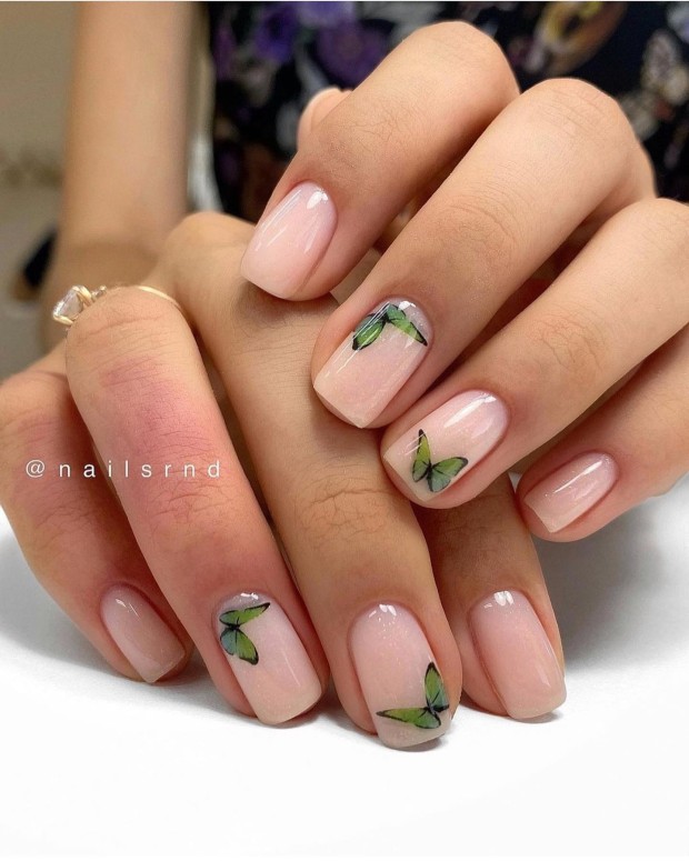 The 45 Best Spring Nail Art Designs — Green Butterfly Nude Nails