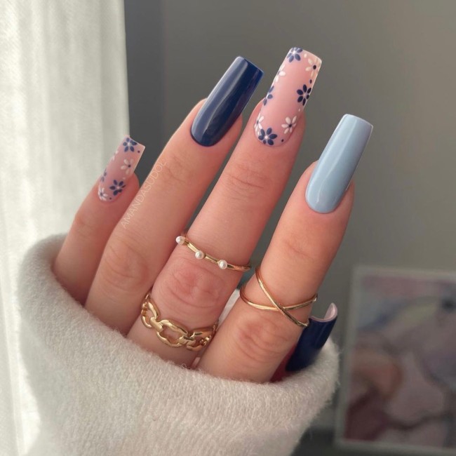 47 Cute Ways To Wear Flower Nail Art Designs — Blue Nails wtth Floral