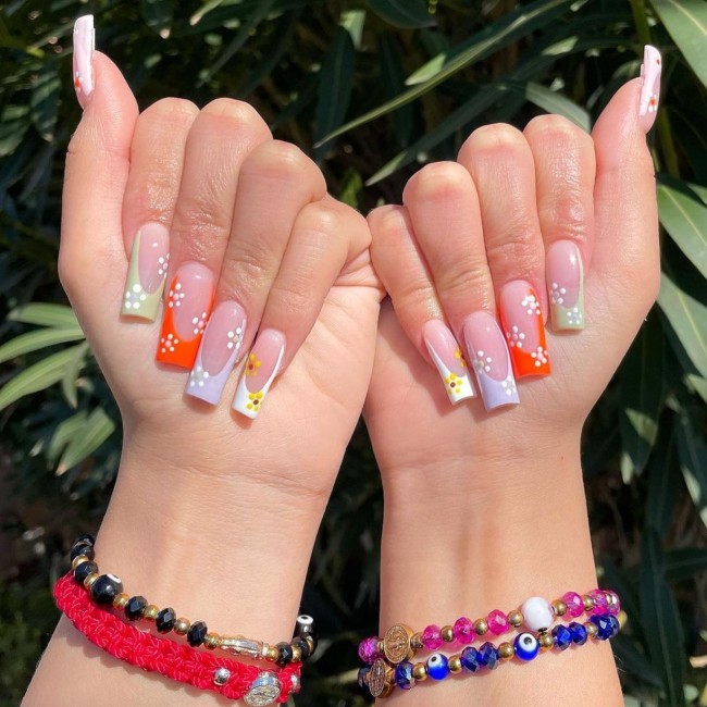 47 Cute Ways To Wear Flower Nail Art Designs — Flower French Coffin Nails