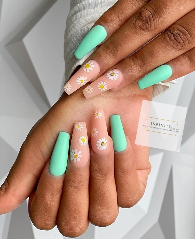 47 Cute Ways To Wear Flower Nail Art Designs — Neon Green and Nude Flower Nails