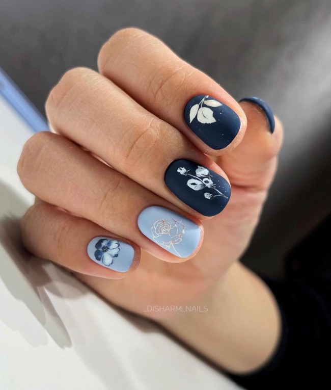 47 Cute Ways To Wear Flower Nail Art Designs —Shades of Blue Flower Nails