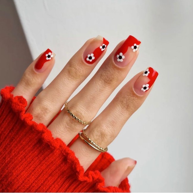 47 Cute Ways To Wear Flower Nail Art Designs — Flower Red Nails