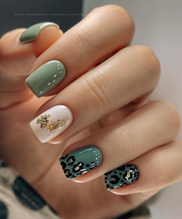 40+ Chic Nail Designs for Spring — Sage Green Leopard Nails