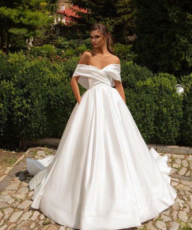 40 Best Wedding Dresses 2022 — Wrap Off The Shoulder Wedding Dress