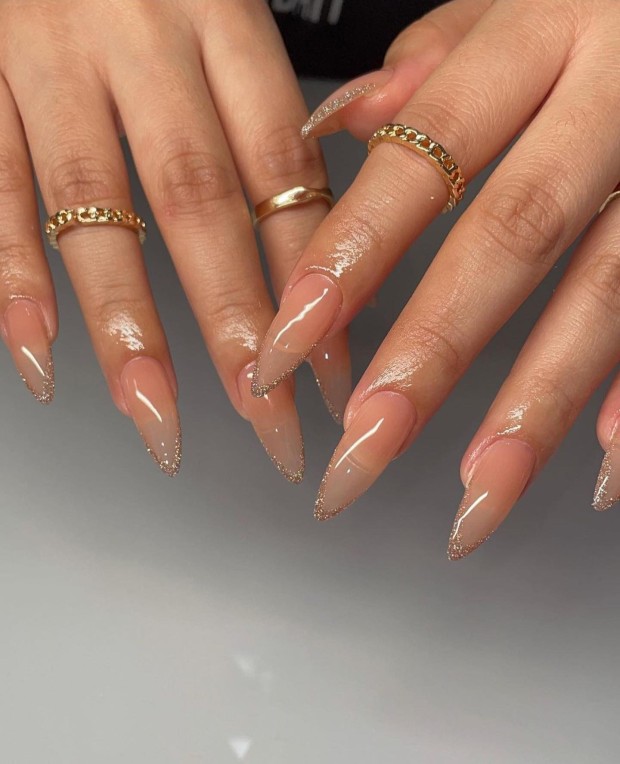 40+ Chic Nail Designs for Spring — Glitter Tip Jelly Nude Nails