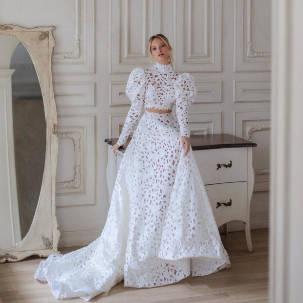 40 Best Wedding Dresses 2022 — Two Piece Puff Long Sleeve Wedding Dress