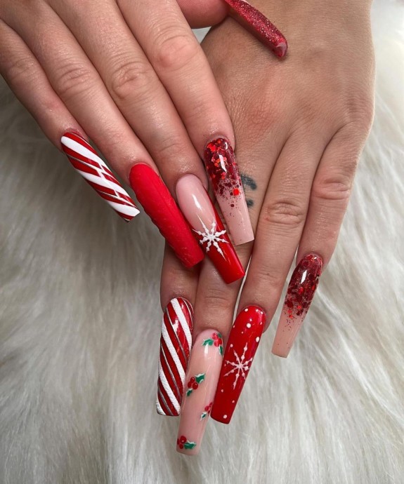 30 Red Christmas Nail Ideas in 2022 — Mismatched Red Christmas Nails
