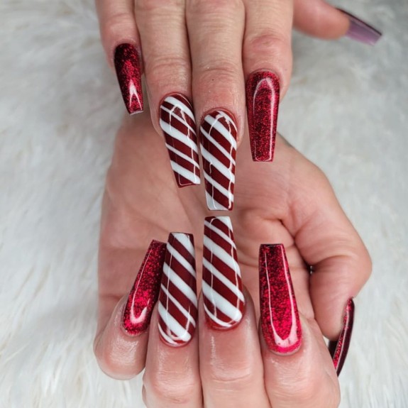 30 Red Christmas Nail Ideas in 2022 — Candy Cane Red Coffin Nails