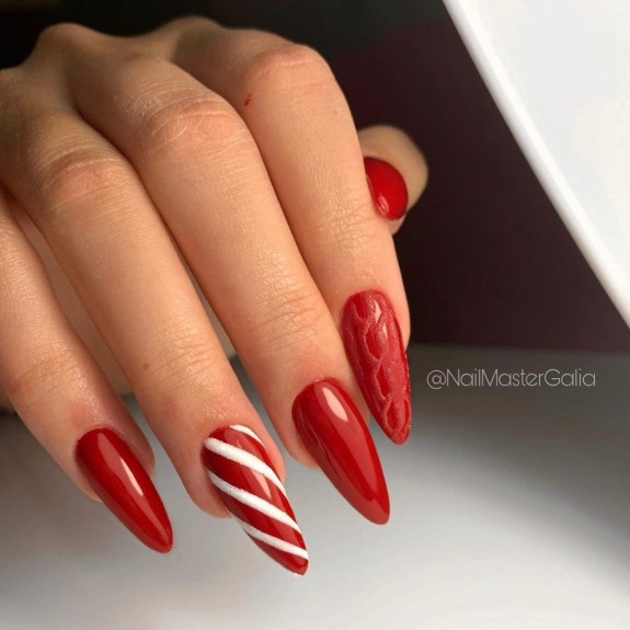 30 Red Christmas Nail Ideas in 2022 — Red Cable Knit Stiletto Nails