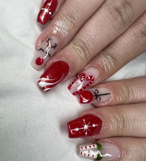 30 Red Christmas Nail Ideas in 2022 — Reindeer Nude Nails + Red Nails