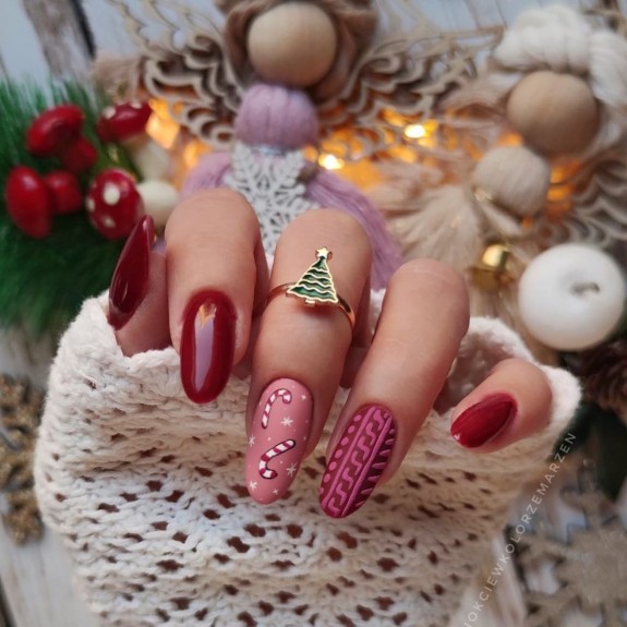 30 Red Christmas Nail Ideas in 2022 — Cable Knit & Candy Cane Dark Red Nails