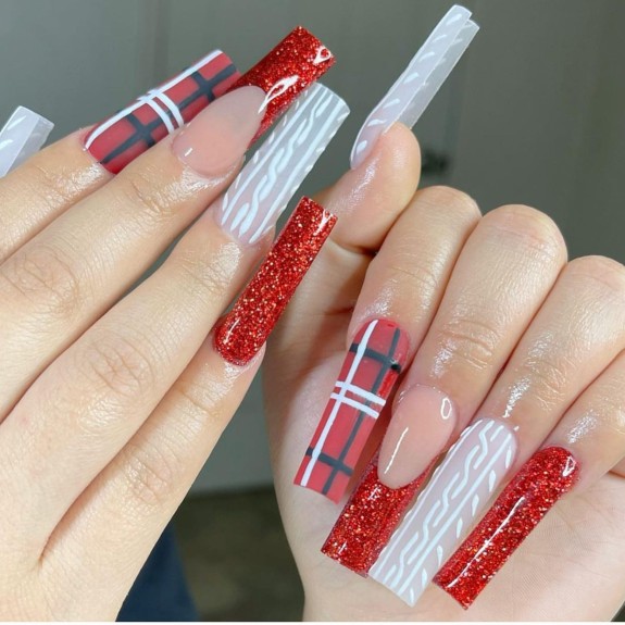 30 Red Christmas Nail Ideas in 2022 — Cable Knit + Glitter Red + Plaid Nails