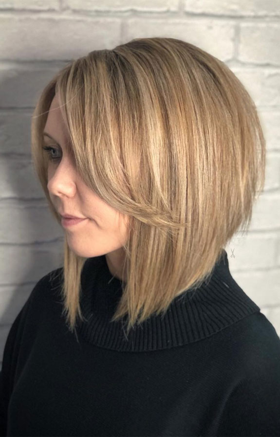 25 New Short Haircut with Bangs — Textured Stacked Bob with Side Bangs